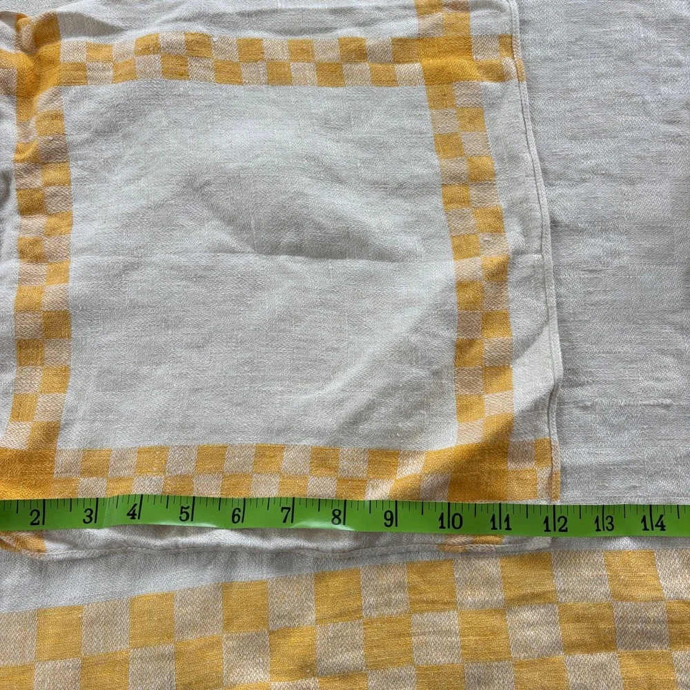 Vintage Yellow Checkered Linen Tablecloth and 4 Napkins Set Farmhouse 47x47